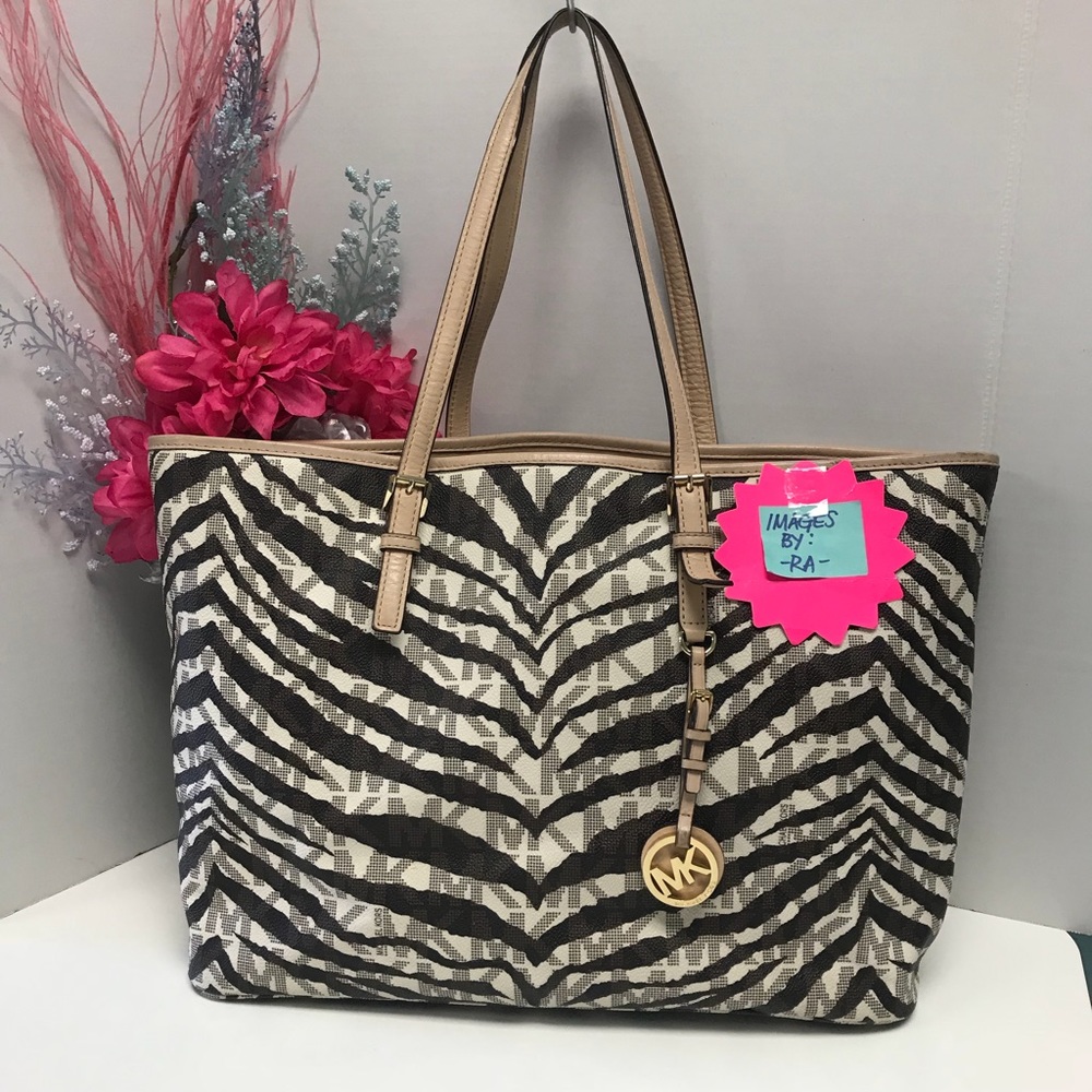 Michael Kors MK Vanilla Black Zebra Stripe Tote Bag Purse Shoulder Hand Handbag